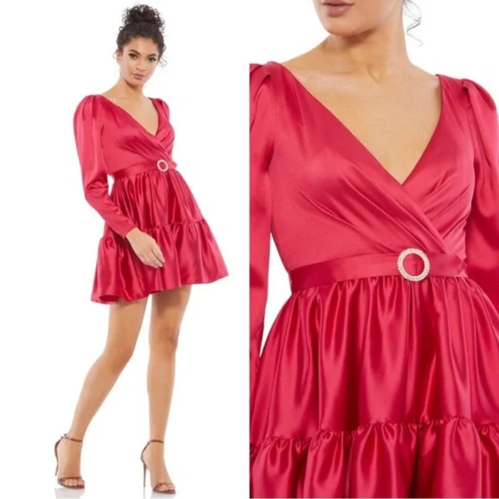 Mac Duggal 26657 Size 2 Red Satin V-Neck Tiered Ruffle Skirt Long Sleeve Dress
